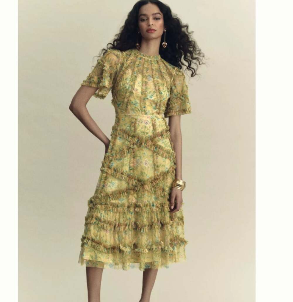 NWT Mac Duggal  Floral Flutter-Sleeve Mesh Print Tea-Length Dress Size 8